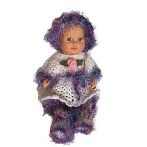Newborn Baby Doll Purple Hand Crochet Outfit Plastic Wrinkles Belly Button 1995